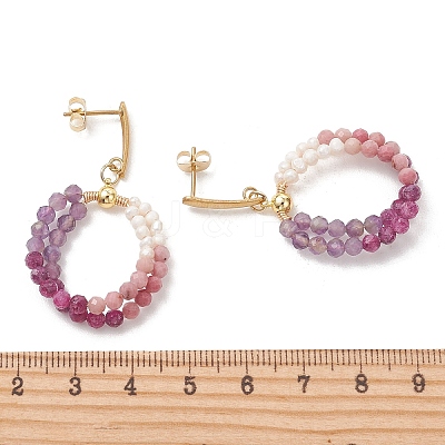 Natural Amethyst & Natural Rhodonite & Natural Ruby Faceted Round & Natural Cultured Freshwater Pearl Bead & 304 Stainless Steel Stud Dangle Earrings EJEW-JE07229-02-1
