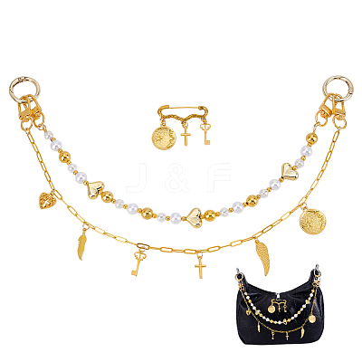 1Pc Acrylic Round Beaded & Brass Feather Cross Tassel Bag Decorative Chains and 1Pc Alloy Brooch HJEW-GA00055-1