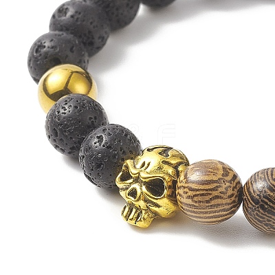 Natural Wenge Wood & Lava Rock Beaded Stretch Bracelet Sets with Synthetic Hematite Beads BJEW-JB09213-1