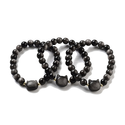 Round & Cat Head Natural Obsidian Beaded Stretch Bracelets for Women BJEW-K251-03F-1