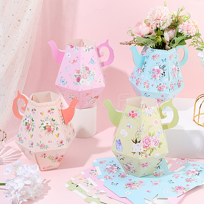 12Pcs 4 Styles 3D Flower Printed Teapot Shaped Paper Flower Gift Boxes DIY-SP0006-37-1