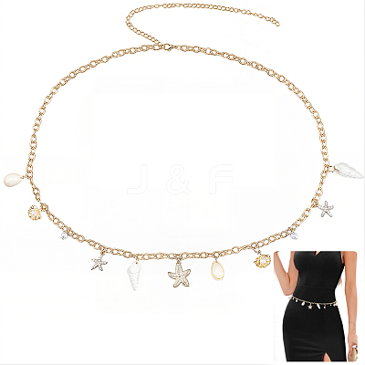1Pc Summer Beach Alloy Starfish & Natural Shell & Imitation Pearl Tassel Waist Chains for Women AJEW-CY0003-27-1