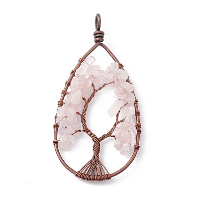 Teardrop Natural Rose Quartz Copper Wire Wrapped Chip Big Pendants G-E195-11R-01-1