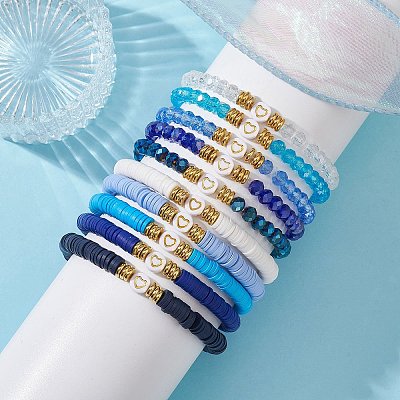 10Pcs Polymer Clay Disc & Glass & Brass Beaded Stretch Bracelets Set BJEW-JB09676-01-1