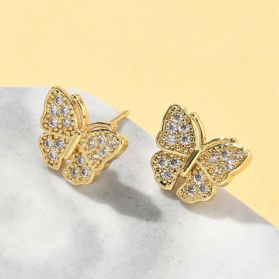 Butterfly Brass Micro Pave Clear Cubic Zirconia Stud Earrings EJEW-A132-07G-1