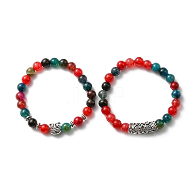 Natural Agate Stretch Bracelets Set with Alloy Owl Beaded ANIM-PW0003-027C-1