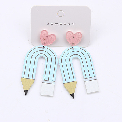 Heart & Pencil Acrylic Stud Dangle Earrings FS-WG3499D-05-1