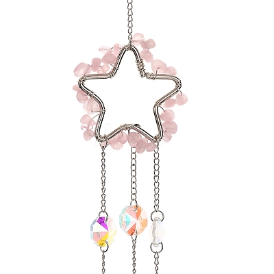 Natural Rose Quartz Chip & Iron Suncatchers HJEW-G028-03B-1