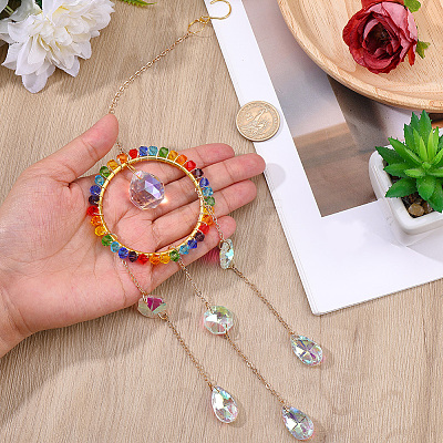 1Pc Colorful Glass Beaded Woven Net Suncatchers AJEW-CY0001-95C-1