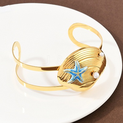 Shell Shape 304 Stainless Steel Enamel Cuff Bangles for Women BJEW-A049-04B-G-1