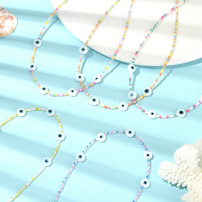 Lampwork Evil Eye & Glass Seed Beaded Necklaces NJEW-JN04376-1