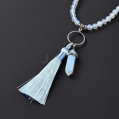 Opalite Bullet & Tassel Pendant Necklace with Mixed Gemstone Beaded Chains NJEW-E585-02F-1