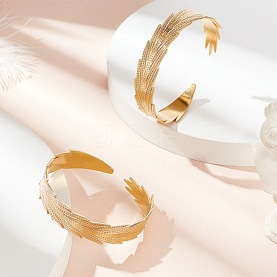 2Pcs 304 Stainless Steel Feather Cuff Bangles BJEW-PH0004-41-1