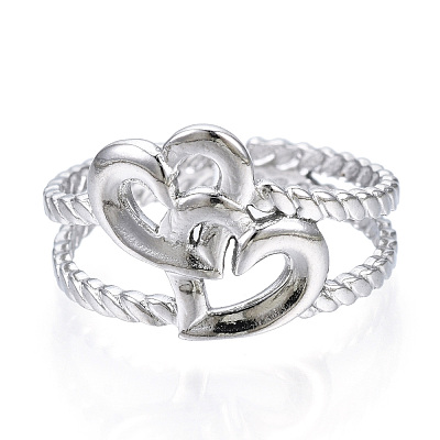 Non-Tarnish 304 Stainless Steel Interlocking Heart Open Cuff Ring RJEW-N040-16-1