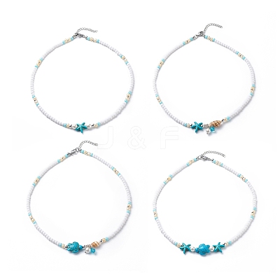 4Pcs 4 Style Natural Pearl & Shell & Dyed Synthetic Turquoise Beaded Necklaces Set NJEW-JN04039-1