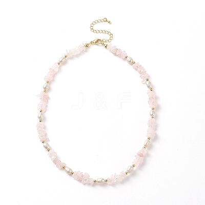 Natural Rose Quartz Chips & Pearl Beaded Necklace NJEW-JN04008-01-1