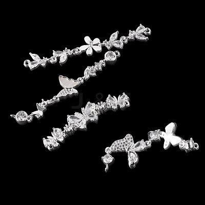 4Pcs 4 Styles Brass Pave Clear Cubic Zirconia Flower Butterfly Connector Charms KK-TA0008-72S-1