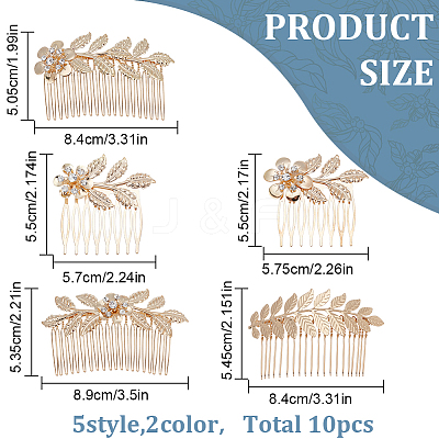 10Pcs 10 Style Wedding Bridal Flower & Leaf Iron Hair Combs OHAR-BC0001-02-1