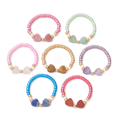 7Pcs Glass and Gemstone Beads Finger Rings for Couple RJEW-MZ00034-1