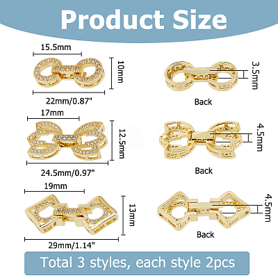 6Pcs 3 Styles Rack Plating Brass Micro Pave Clear Cubic Zirconia Fold Over Clasps KK-HS0001-02G-1