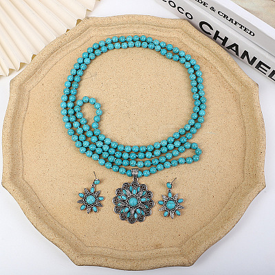 Flower Synthetic Turquoise with Alloy Pendant Necklaces & Stud Dangle Earrings Sets WG550B3-01-1