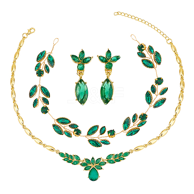 Rhinestone Olive Leaf Dangle Stud Earrings & Pendant Necklace & Bridal Headband SJEW-CA0001-01-1