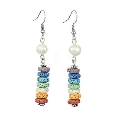 Natural Pearl & Dyed Lava Rock Disc Beaded Dangle Earrings EJEW-JE05563-1