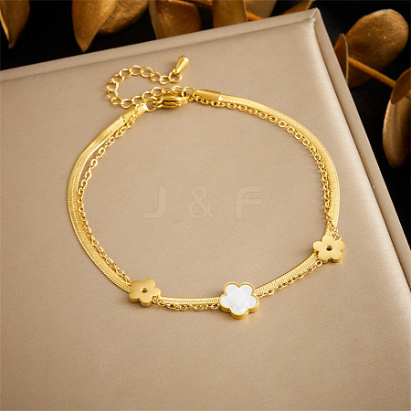 304 Stainless Steel Pave Natural Shell Charm Double Layer Anklets for Women FS-WGA3011-03-1