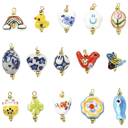 15Pcs Handmade Porcelain Pendants PALLOY-YW00126-1