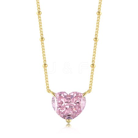 Heart 925 Sterling Silver Pave 8A Pink Cubic Zirconia Pendant Satellite Chain Necklaces for Women NJEW-F330-01G-1