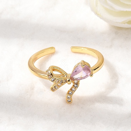 Brass Pave Pink and Clear Cubic Zirconia Cuff Rings RJEW-P173-01G-02-1