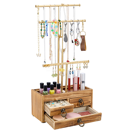 3-Tier Iron T Bar Jewelry Dispaly Tower Stands with 3 Wooden Drawers ODIS-WH0038-322-1