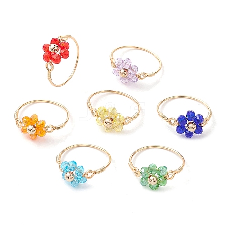 7Pcs 7 Styles Flower Glass Beads Finger Rings RJEW-JR00710-02-1