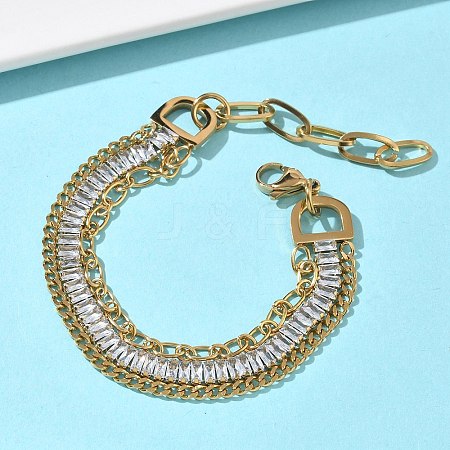 304 Stainless Steel & Glass Double Layers Chain Bracelets for Women BJEW-F540-10G-03-1