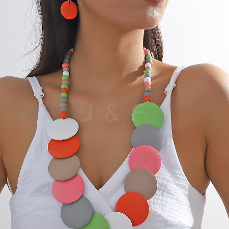 Bohemian Ethnic Style Wood Beaded Multilayer Necklaces & Dangle Earrings Sets WG82ABA-02-1