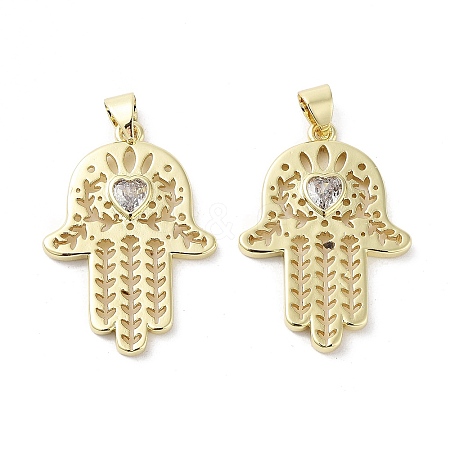 Rack Plating Hamsa Hand Brass Micro Pave Cubic Zirconia Pendants KK-E102-13G-1