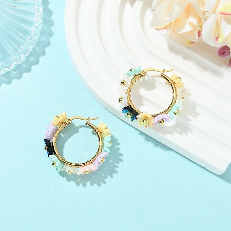 201 Stainless Steel & Resin Beaded Flower Hoop Earrings EJEW-JE07175-02-1