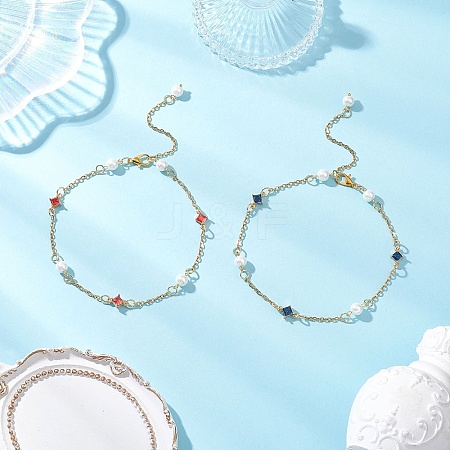2Pcs 2 Colors Glass Rhombus & Round Glass Pearl Beads 304 Stainless Steel Link Chain Anklets for Women AJEW-AN00724-1