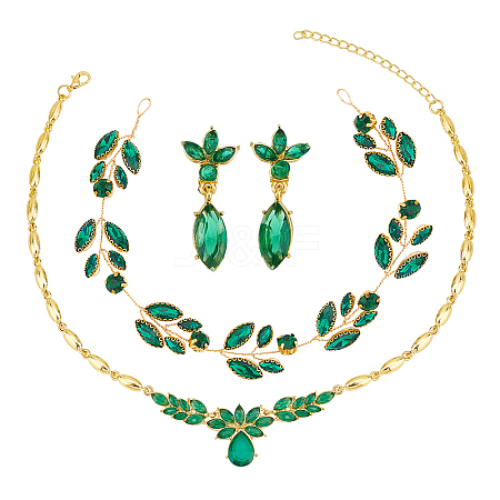 Rhinestone Olive Leaf Dangle Stud Earrings & Pendant Necklace & Bridal Headband SJEW-CA0001-01-1