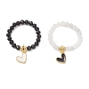 Natural Black Tourmaline & Rainbow Moonstone Beads Finger Rings RJEW-TA00229-2