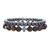 Round Natural Tiger Eye & Synthetic Non-magnetic Hematite Beaded Stretch Bracelet Sets WC8951-3-1