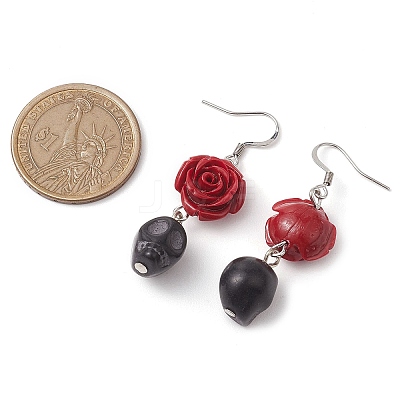 Halloween Synthetic Coral Red Flower & Synthetic Turquoise Black Skull Dangle Earrings EJEW-JE06069-S-1