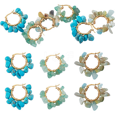 3 Pairs 3 Styles Natural Gemstone Chips Braided Hoop Earrings EJEW-TADJ00004-1