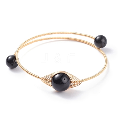 Natural Obsidian Round Beaded Bangle BJEW-JB07816-04-1