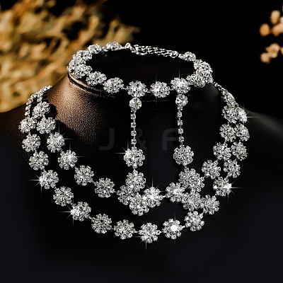 Flower Alloy Rhinestone Chain Double Layer Necklaces & Stud Dangle Earrings & Bracelets Sets FS-WG0F210-01-1