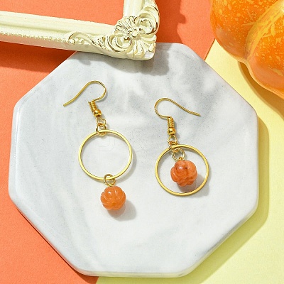 Natural Red Aventurine Pumpkin with Ring Dangle Earrings EJEW-JE05509-01-1