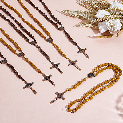 6Pcs 2 Colors Alloy Religion Crucifix Cross Pendant Wood Rice Beaded Rosary Bead Necklaces NJEW-GO0001-07-1