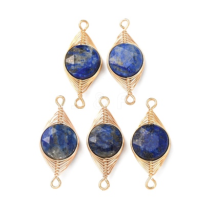 Natural Lapis Lazuli Faceted Hexagonal Cut Flat Round Links Connector Charms with Copper Herringbone Wire-Wrapped KK-Z152-07G-02-1