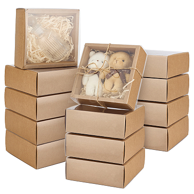 Square Folding Cardboard Kraft Paper Packing Drawer Boxes with Clear Plastic Cover CON-WH0100-57A-1