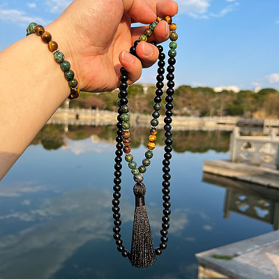 Glass & African Turquoise(Jasper) & Tiger Eye Round Rosaries Beaded Tassel Pendant Necklaces & Bracelets Sets FS-WGB975F-03-1
